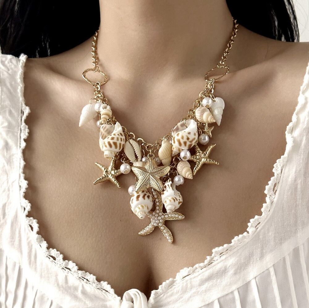 Seashell Starfish Necklace Pearl Zara Conch Mermaid Cruise Collar Gold Boho Ring
